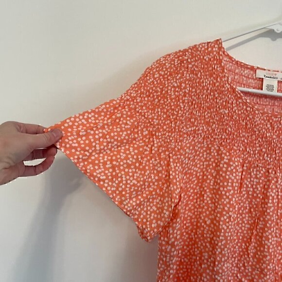 URBAN ROMANTICS URBAN OUTFITTERS UO Orange Speckled Short Sleeve Smocked Blouse - Picture 5 of 9